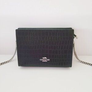 Coach CR237 Croc Embossed Leather Slim Crossbody Black Handbag